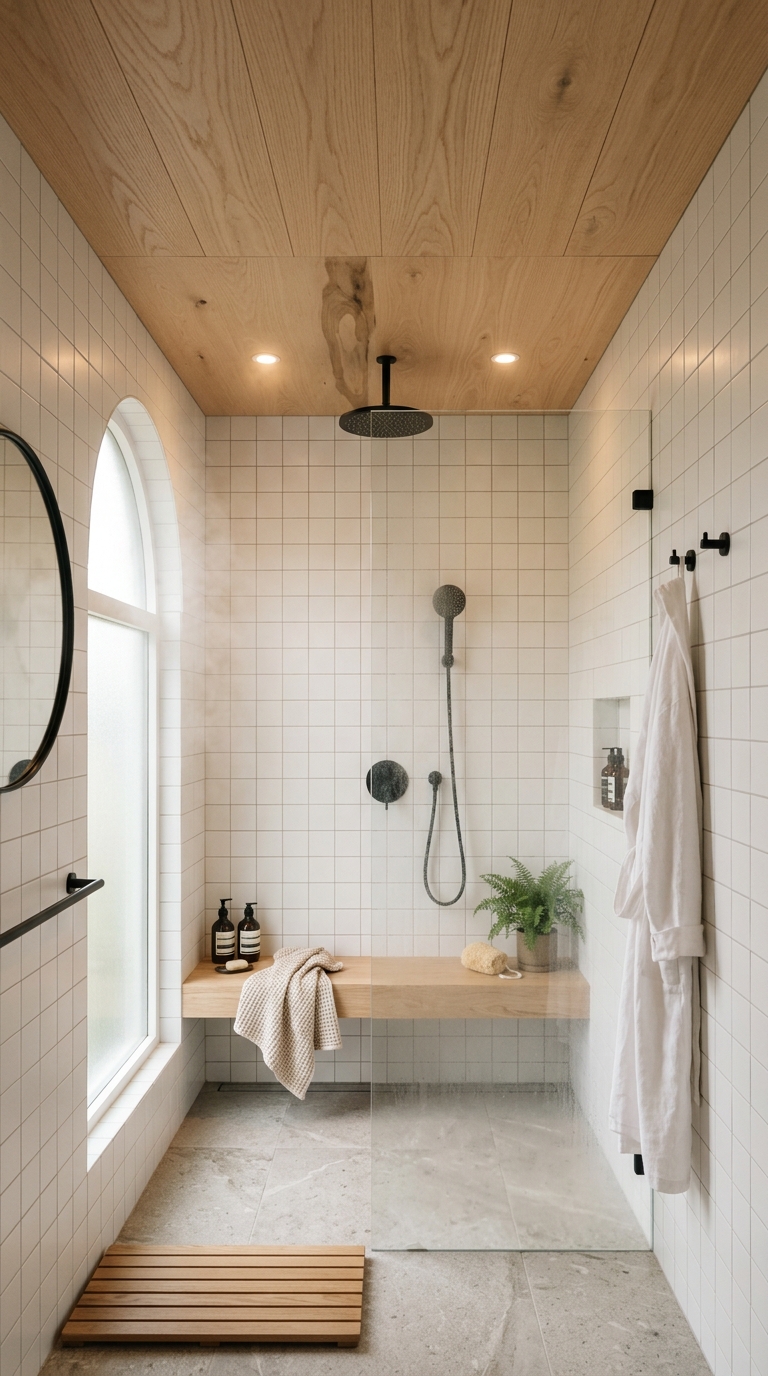 Moisture-resistant plywood ceiling in a spa-style bathroom