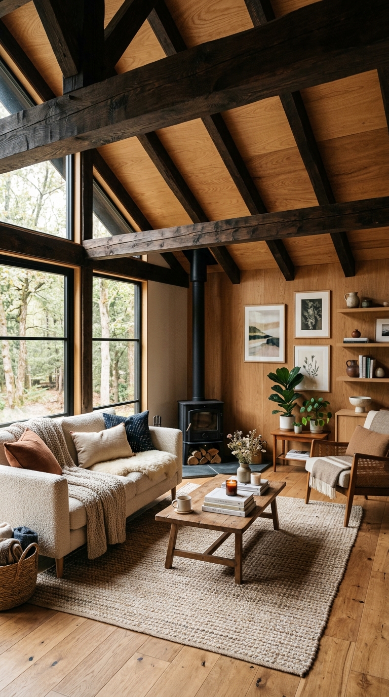 Plywood ceiling panels installed between exposed wood beams