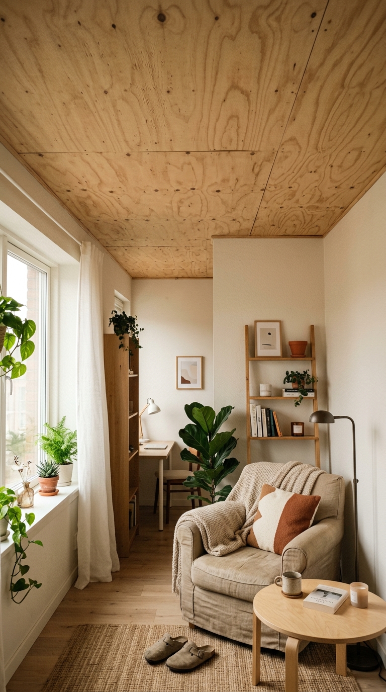 Budget-friendly plywood panel ceiling in a rented apartment