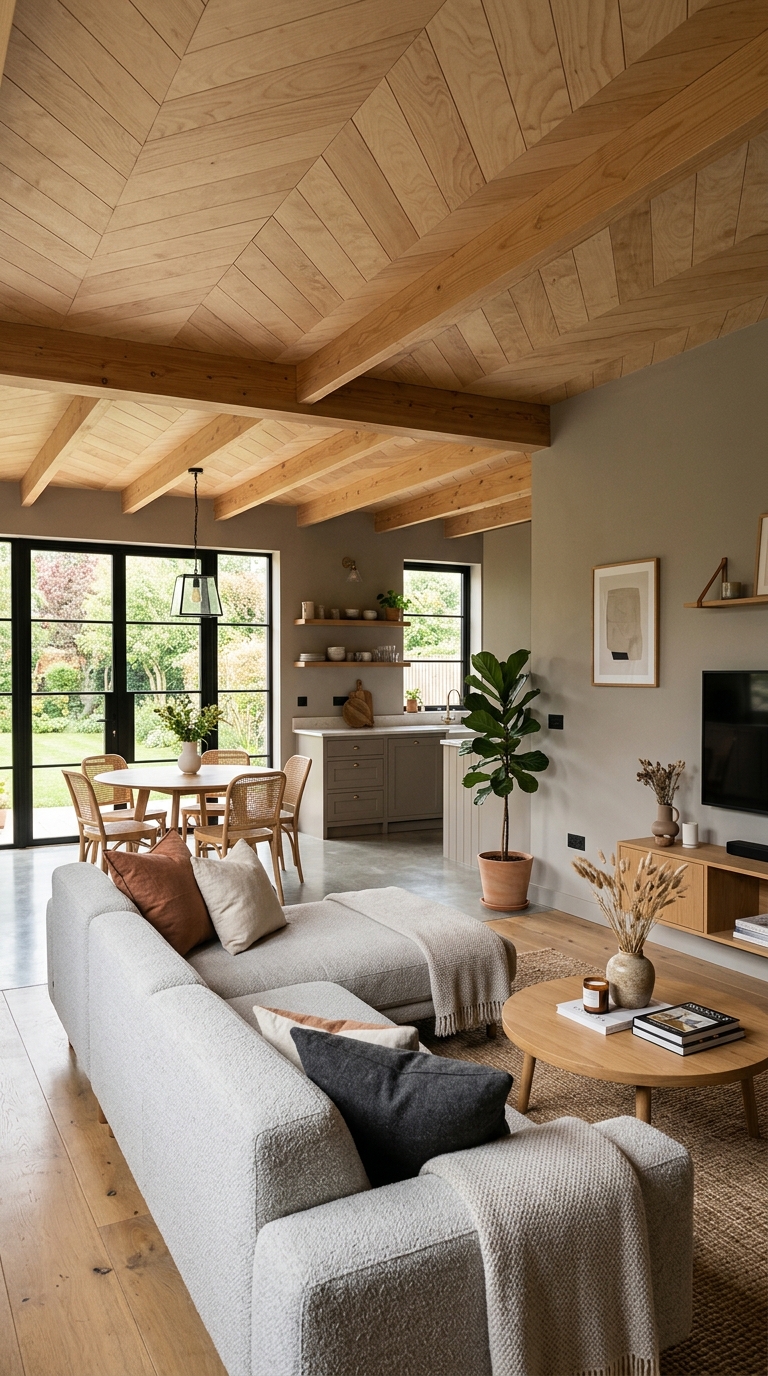 Chevron pattern plywood ceiling in a modern open-concept room