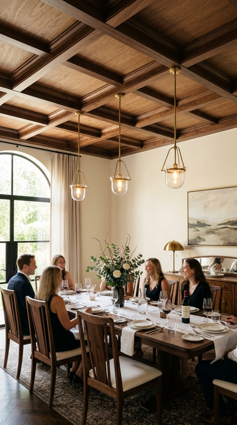 Coffered plywood ceiling design in an elegant dining room