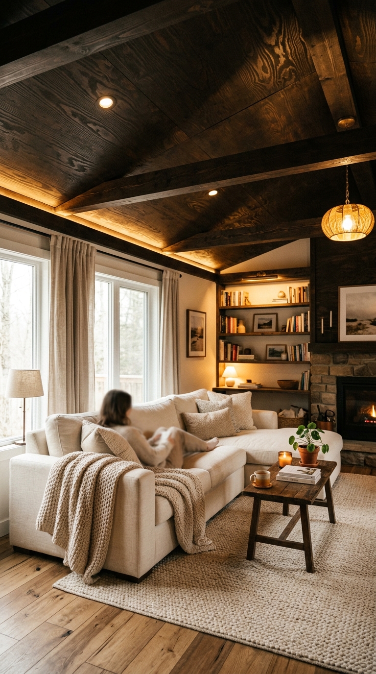 Dark stained plywood ceiling creating a cozy, moody den
