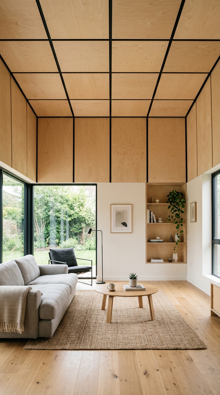 Grid-style plywood ceiling design in a modern living room