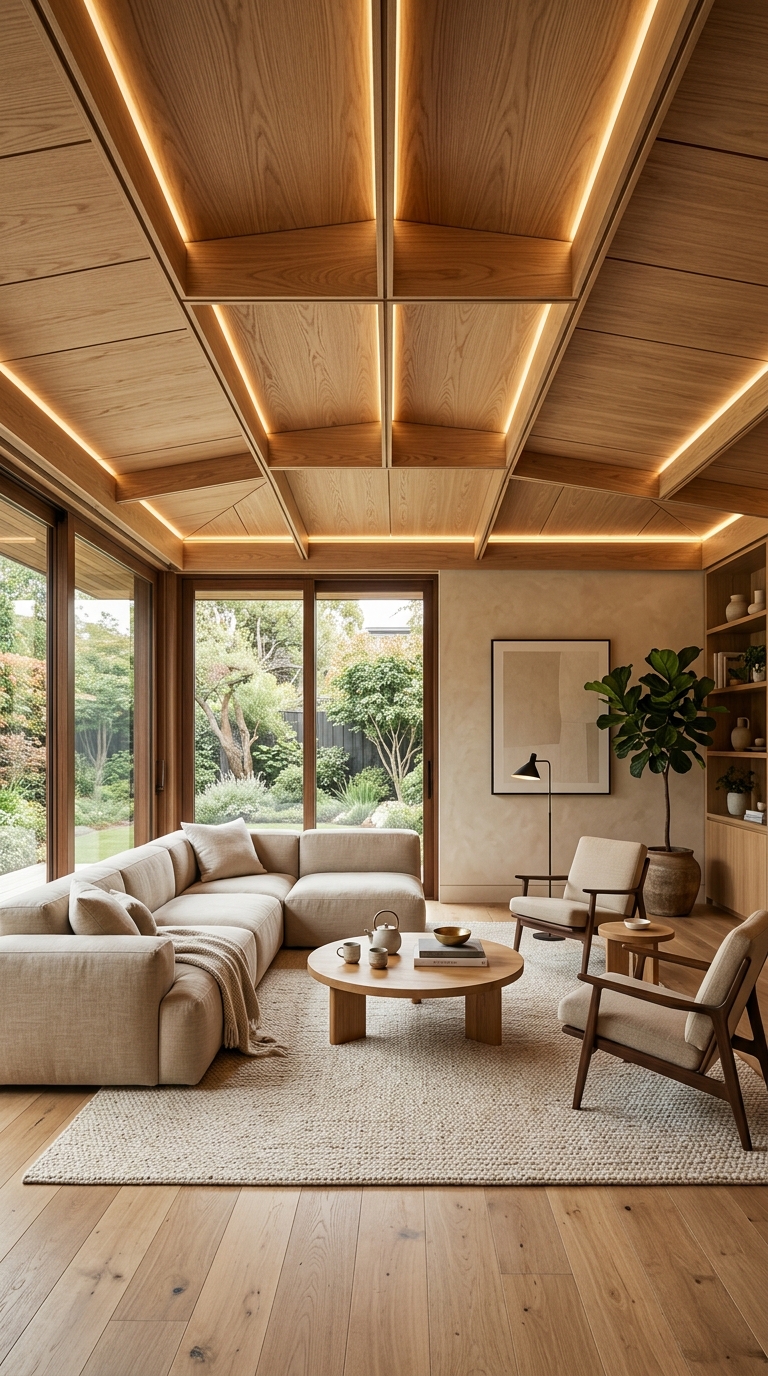 Modern living room with a warm plywood ceiling and minimalist décor
