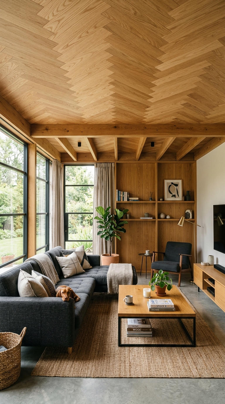 Herringbone pattern plywood ceiling in a modern living room