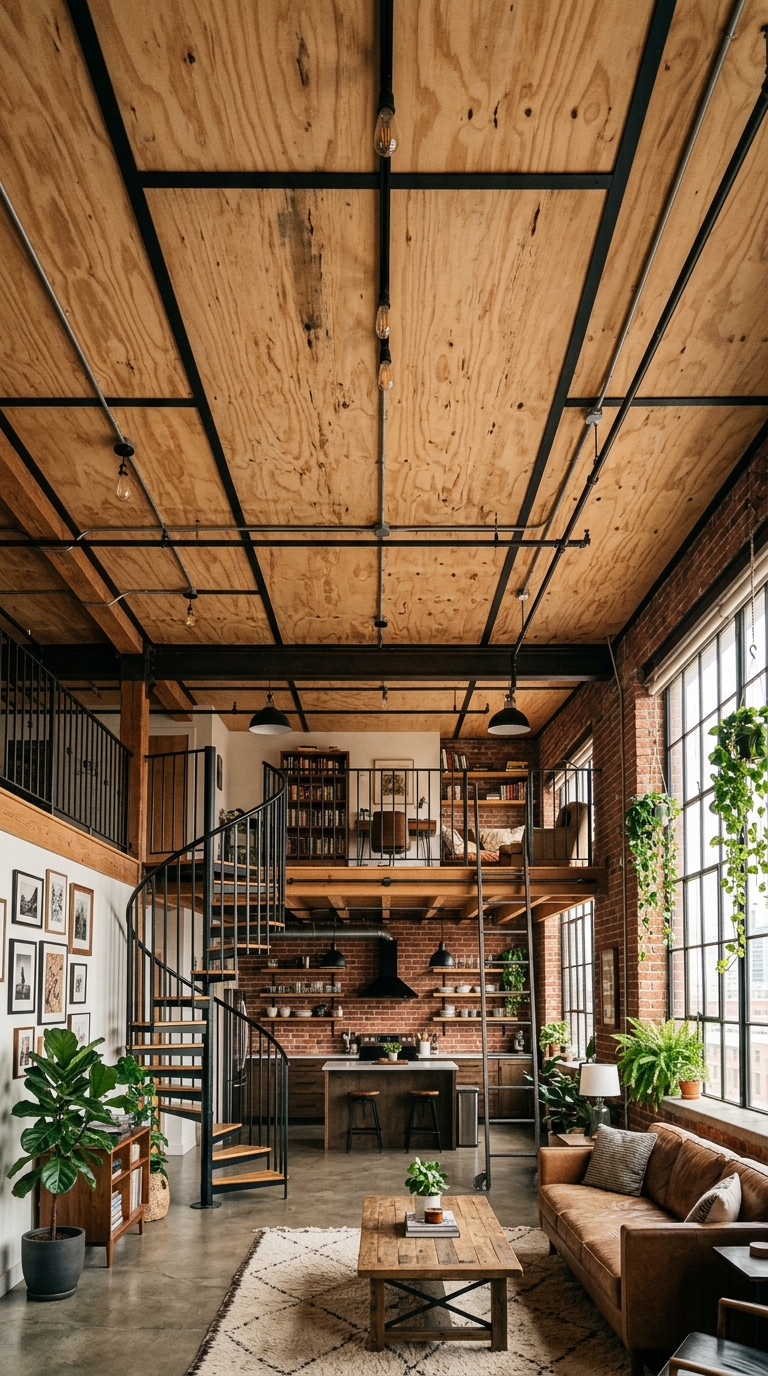 Plywood ceiling with metal accents in an industrial loft space