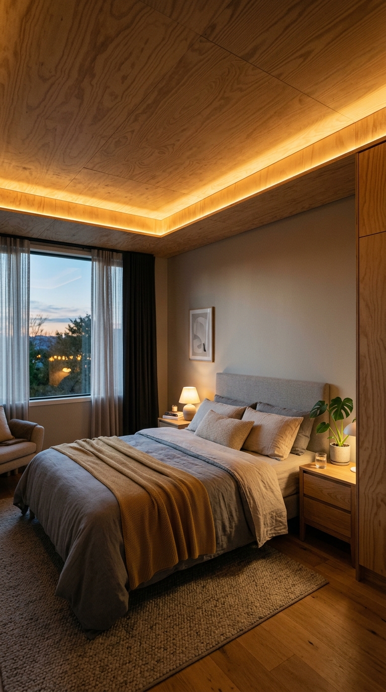 Plywood ceiling with integrated LED cove lighting for warm ambiance