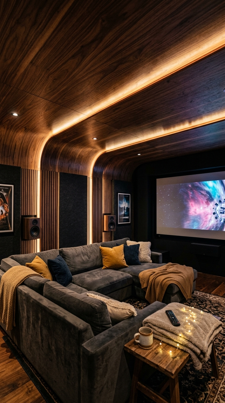 Plywood ceiling panels improving acoustics in a home theater room