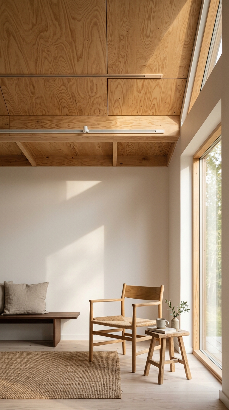 Natural wood-grain plywood ceiling in a bright minimalist room