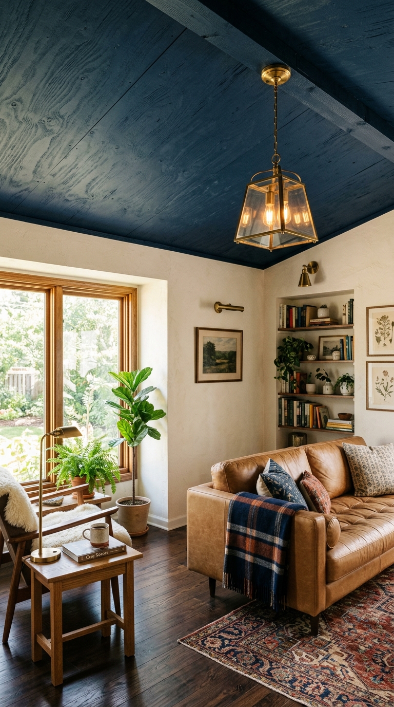 Bold navy painted plywood ceiling with visible wood texture