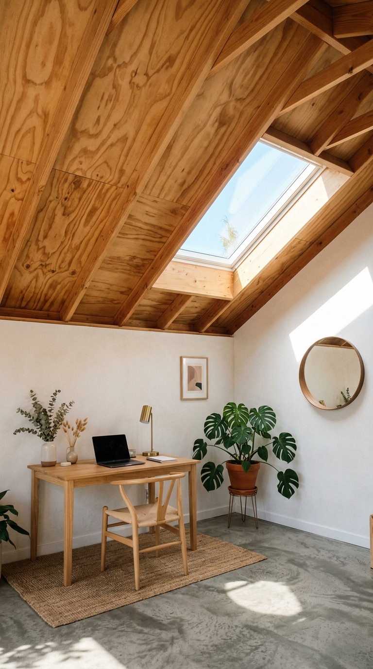 Plywood ceiling paired with a skylight for natural daylight
