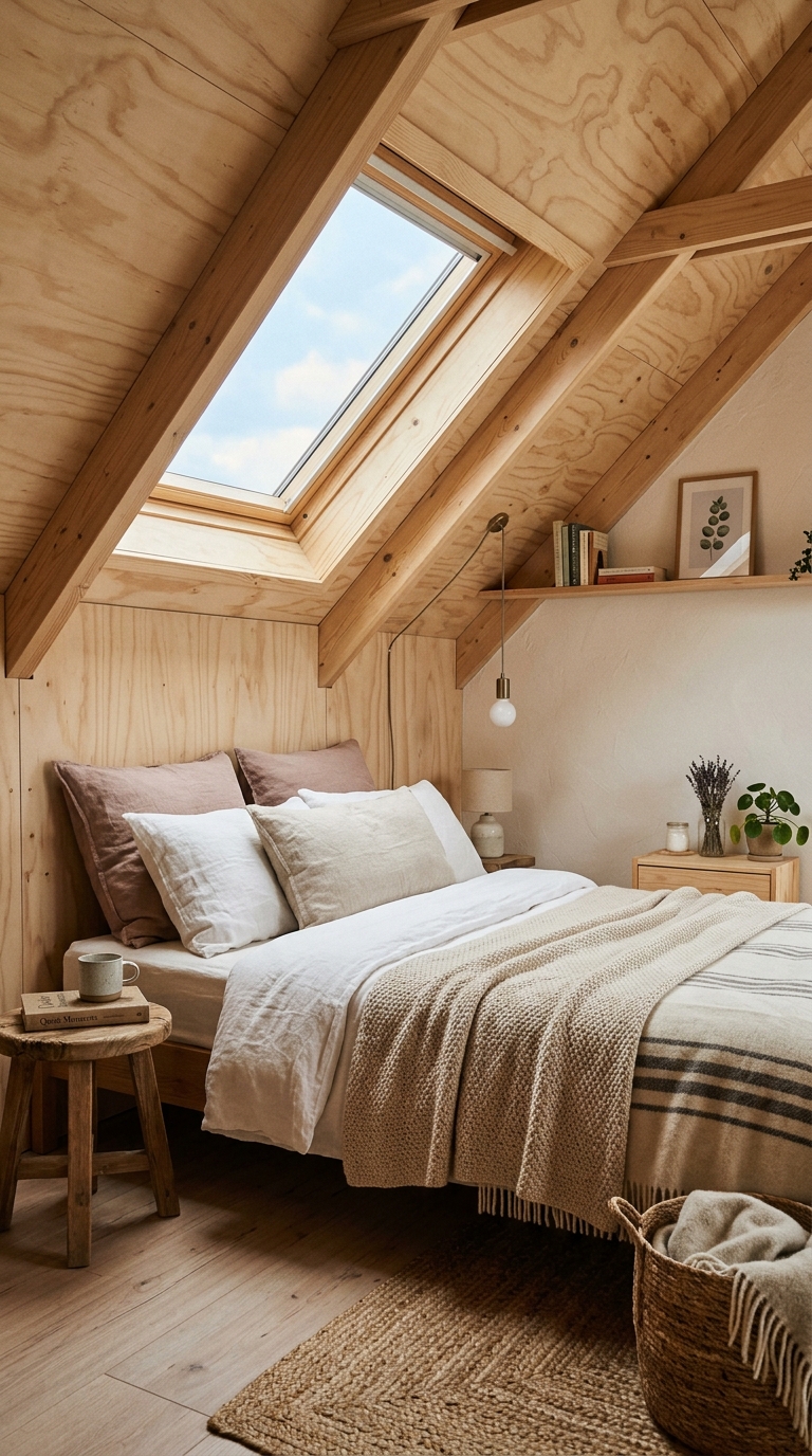 Slanted plywood ceiling design in a cozy attic bedroom