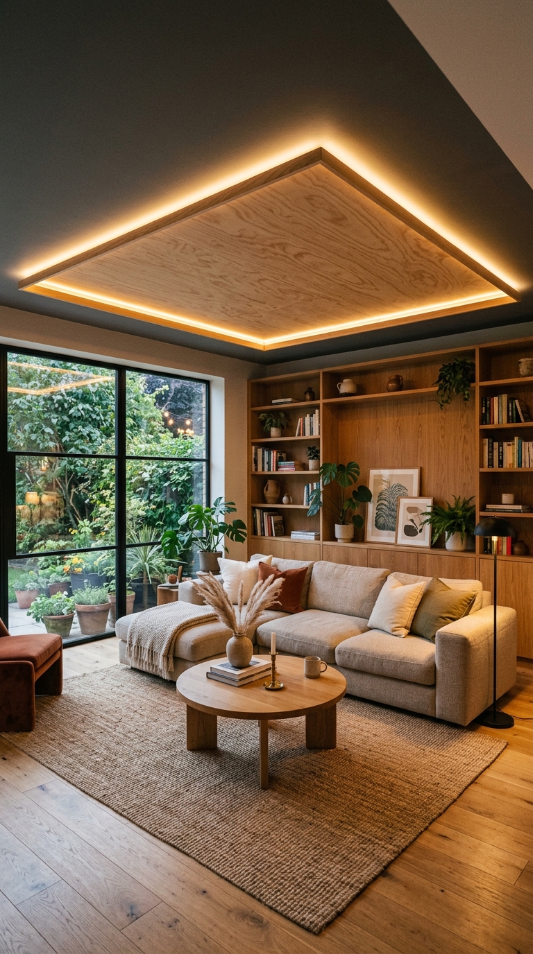 Suspended plywood ceiling creating layered depth in a modern room