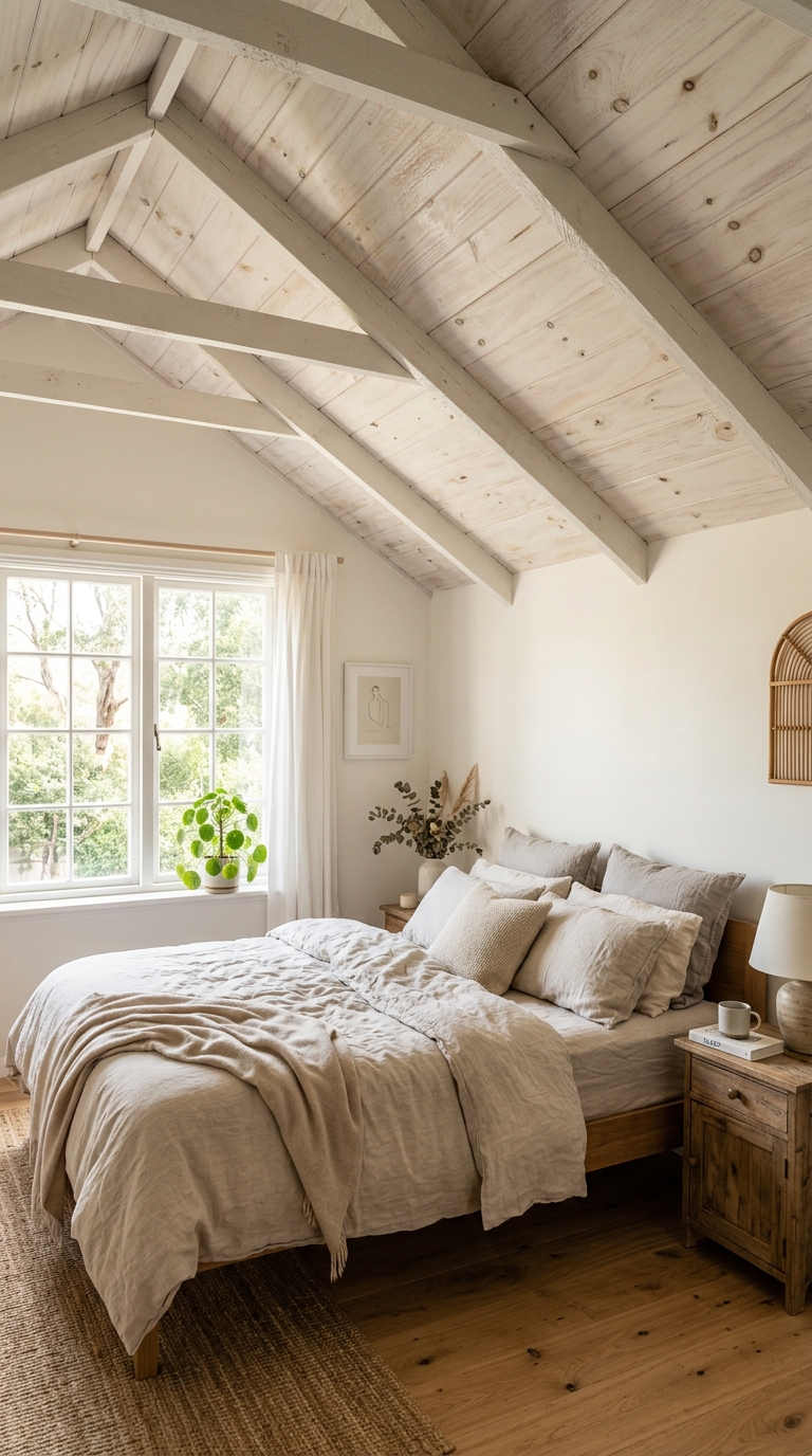 Whitewashed plywood ceiling adding brightness to a small bedroom