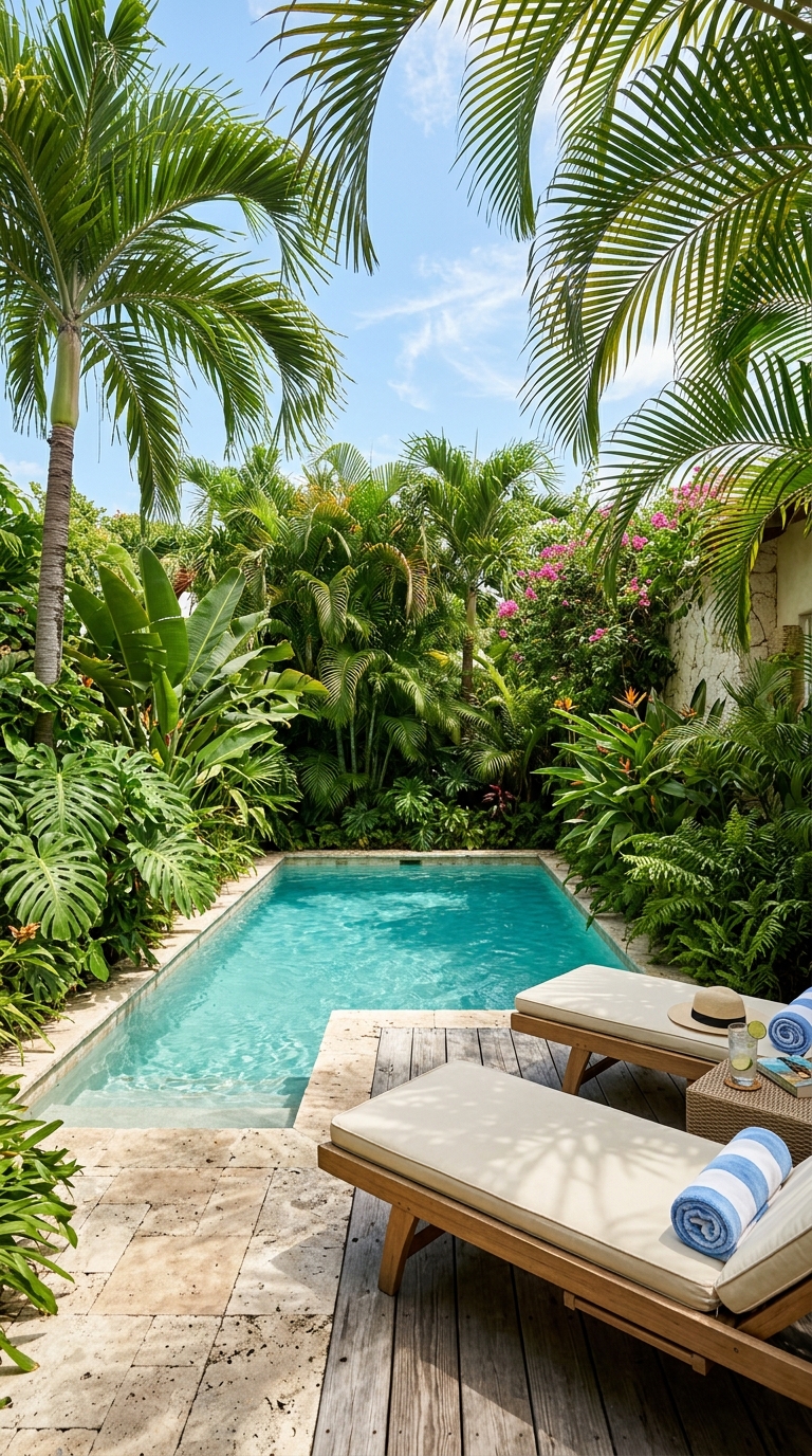 Small backyard plunge pool bordered by palms and tropical plants
