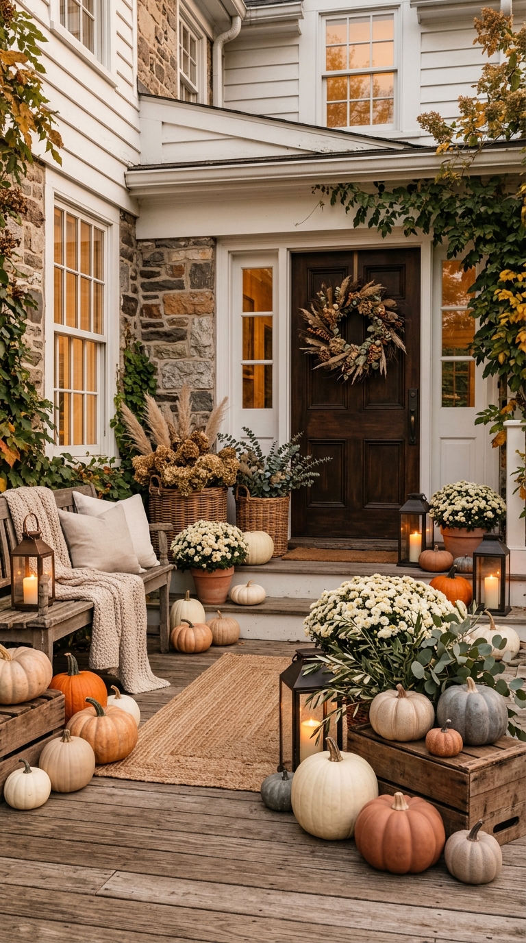 Fall decor vignette styled on farmhouse porch steps with pumpkins and baskets