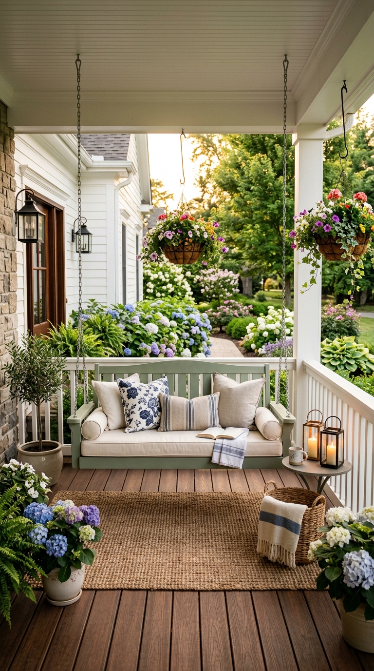 Beautiful front porch featuring colorful porch swing color ideas with cozy summer decor and farmhouse styling.
