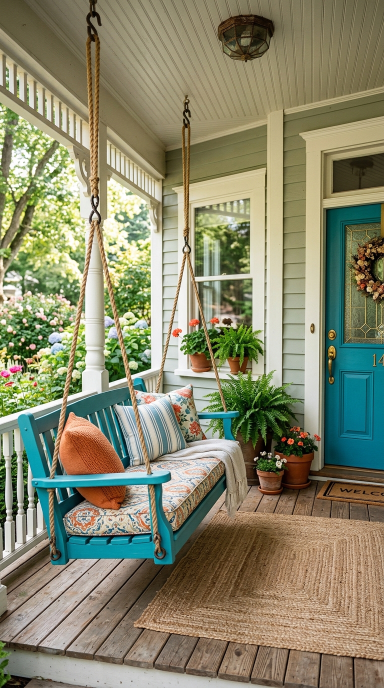 Porch swing color-matched to a front door for a cohesive porch look