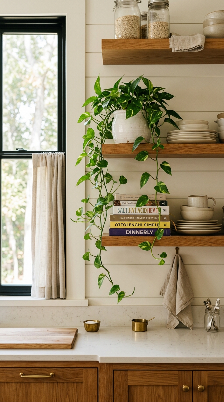 Trailing pothos plant styled on open kitchen shelves with natural light