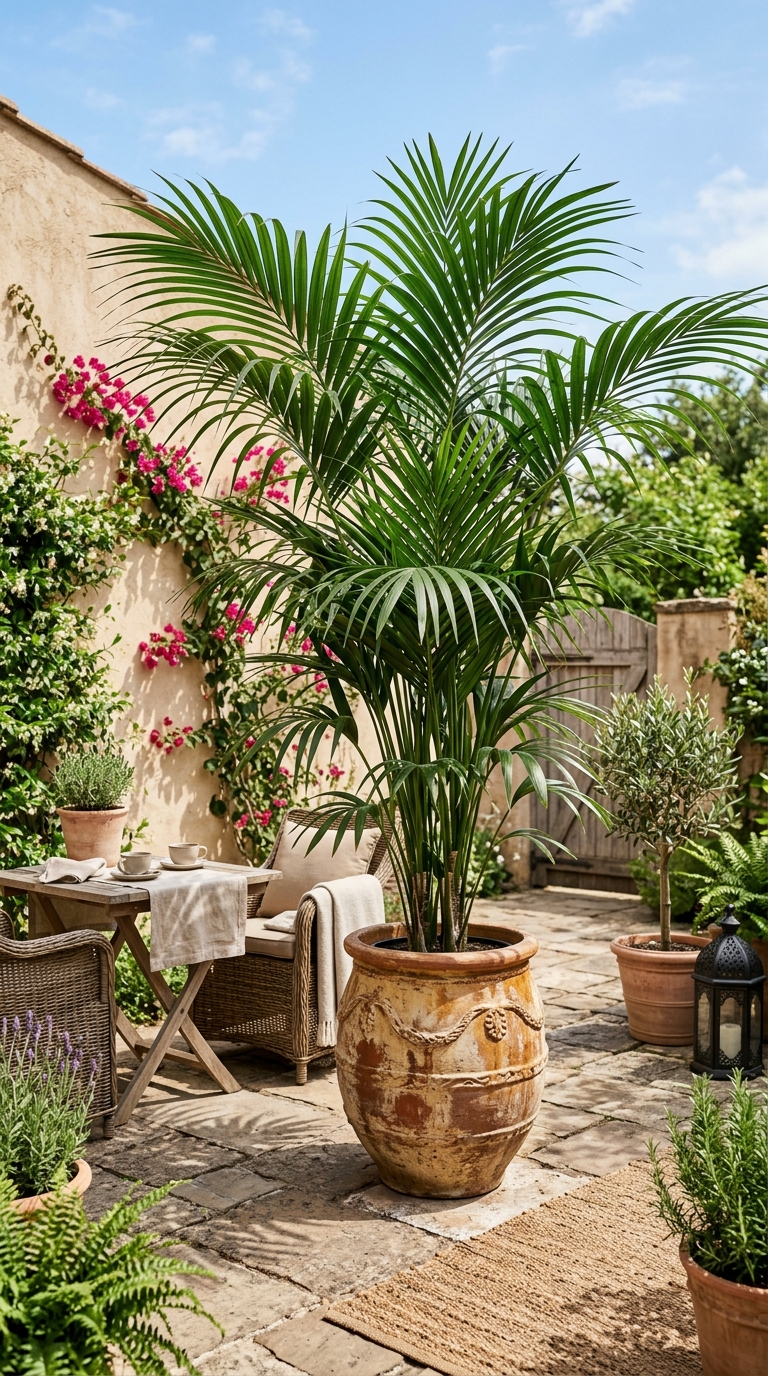 Dramatic potted palm centerpiece in a large container on a small patio