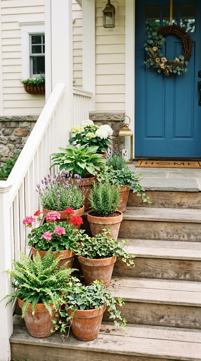 Potted plants lining porch steps as a small front porch idea