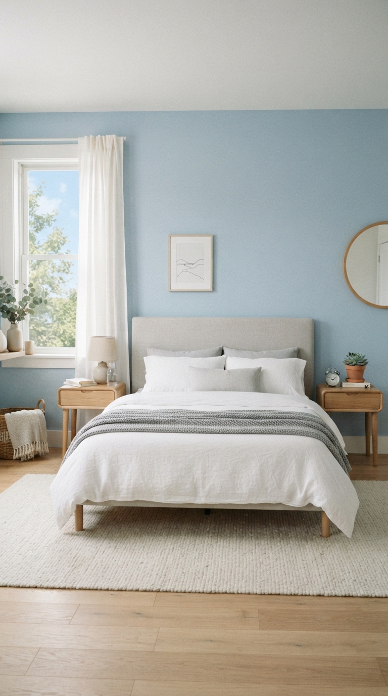 Powder blue bedroom walls for a soft, calming atmosphere