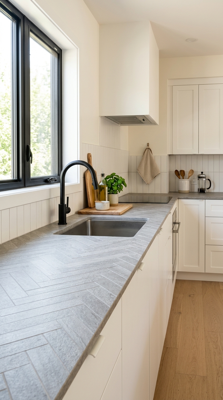 Printed porcelain slab backsplash with herringbone pattern design
