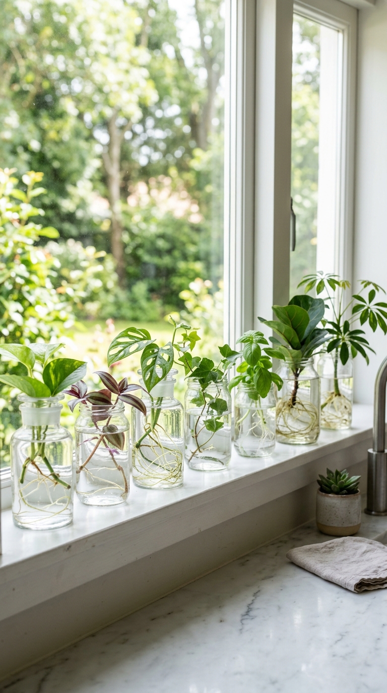 Plant cuttings rooting in glass jars on a kitchen windowsill propagation station