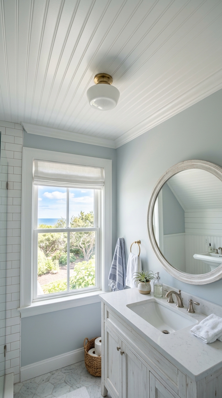 PVC beadboard ceiling in coastal style bathroom