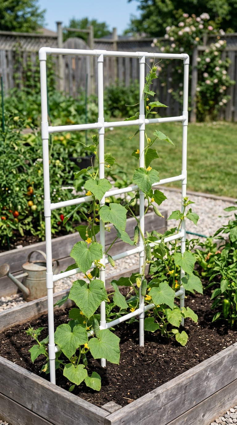 Lightweight PVC pipe trellis supporting climbing vines