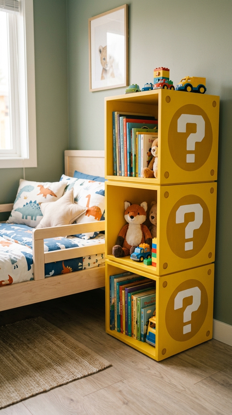 Yellow question block storage cubes used as kids' bedroom organization