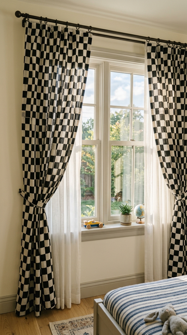 Black and white checkered racing flag curtains in themed kids bedroom