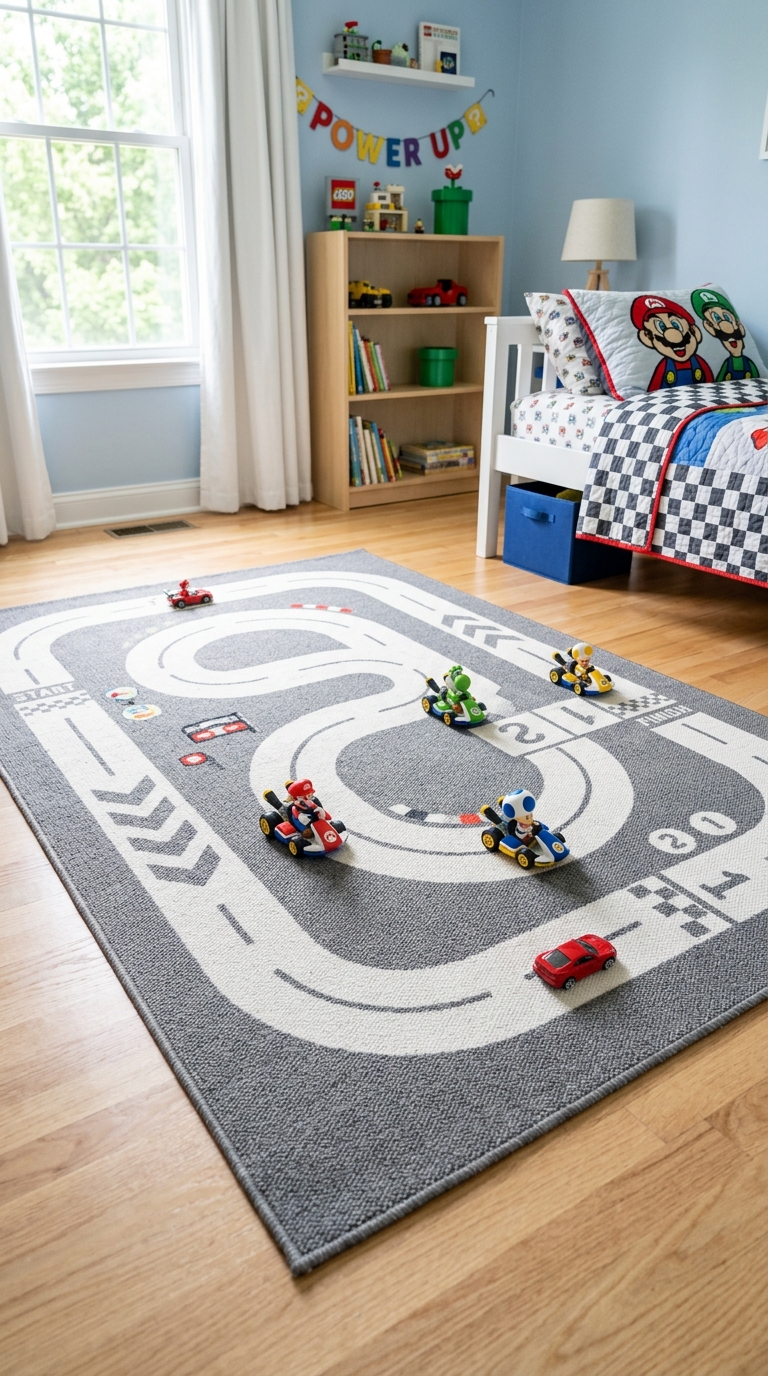 Racetrack striped area rug styled in a Mario Kart themed kids bedroom