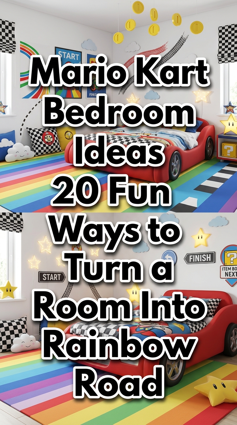 Modern Mario Kart inspired kids bedroom with colorful racing theme and Rainbow Road decor.