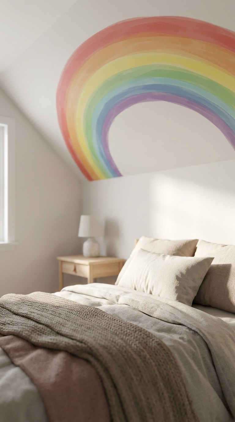 Rainbow-colored painted ceiling mural inspired by Rainbow Road above a kid's bed