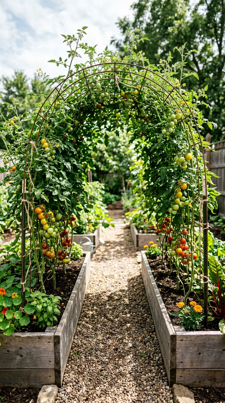 attle panel arch tomato trellis between two raised garden beds with a gravel path