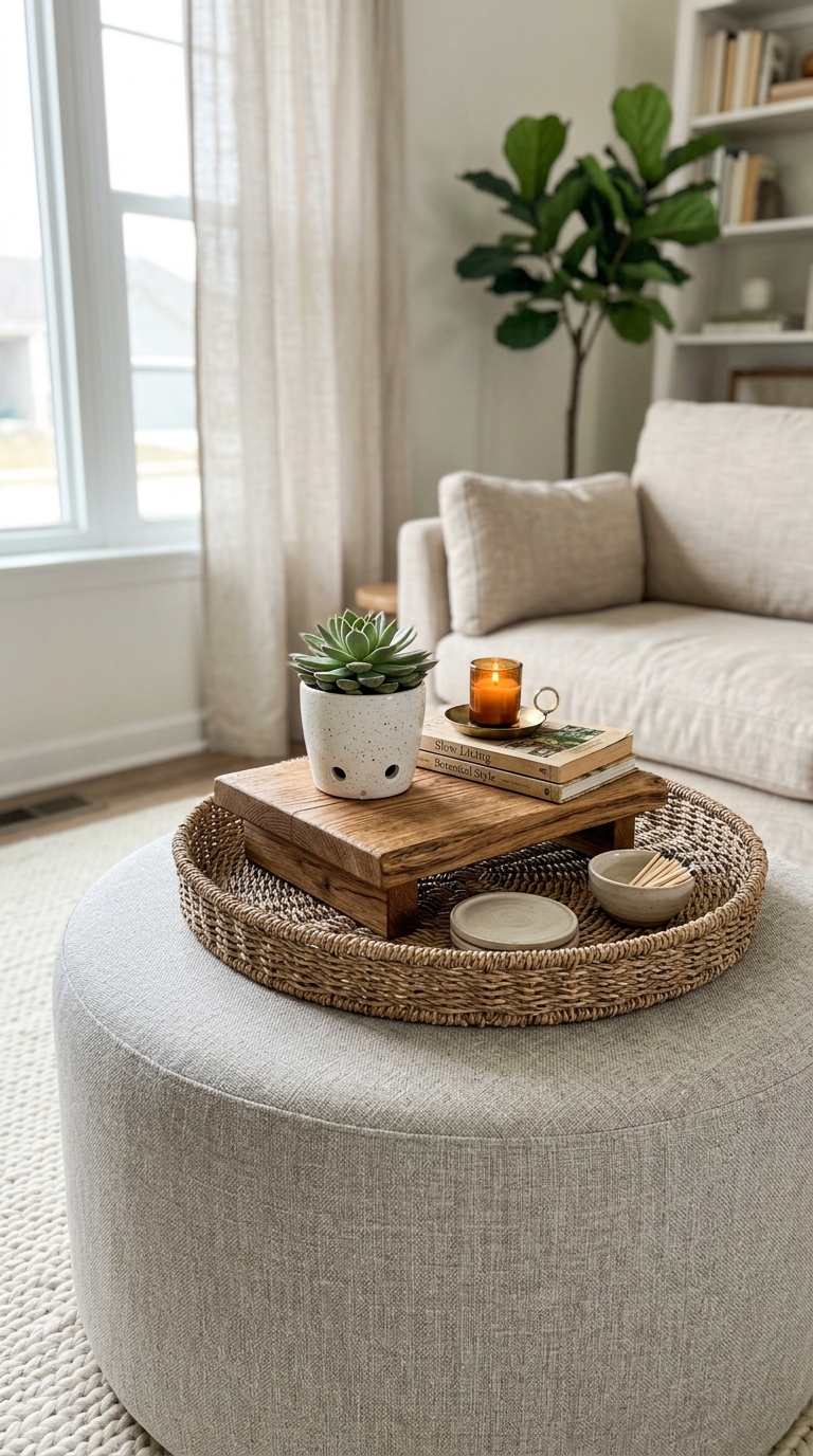 Woven rattan coaster set styled on an ottoman coffee table tray