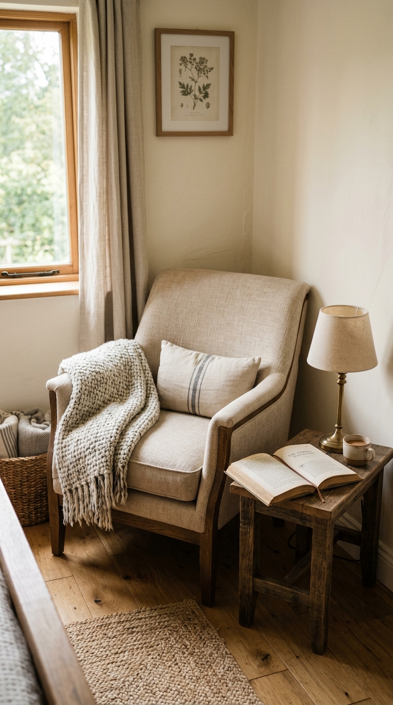Cozy reading nook with an accent chair in a farmhouse bedroom corner