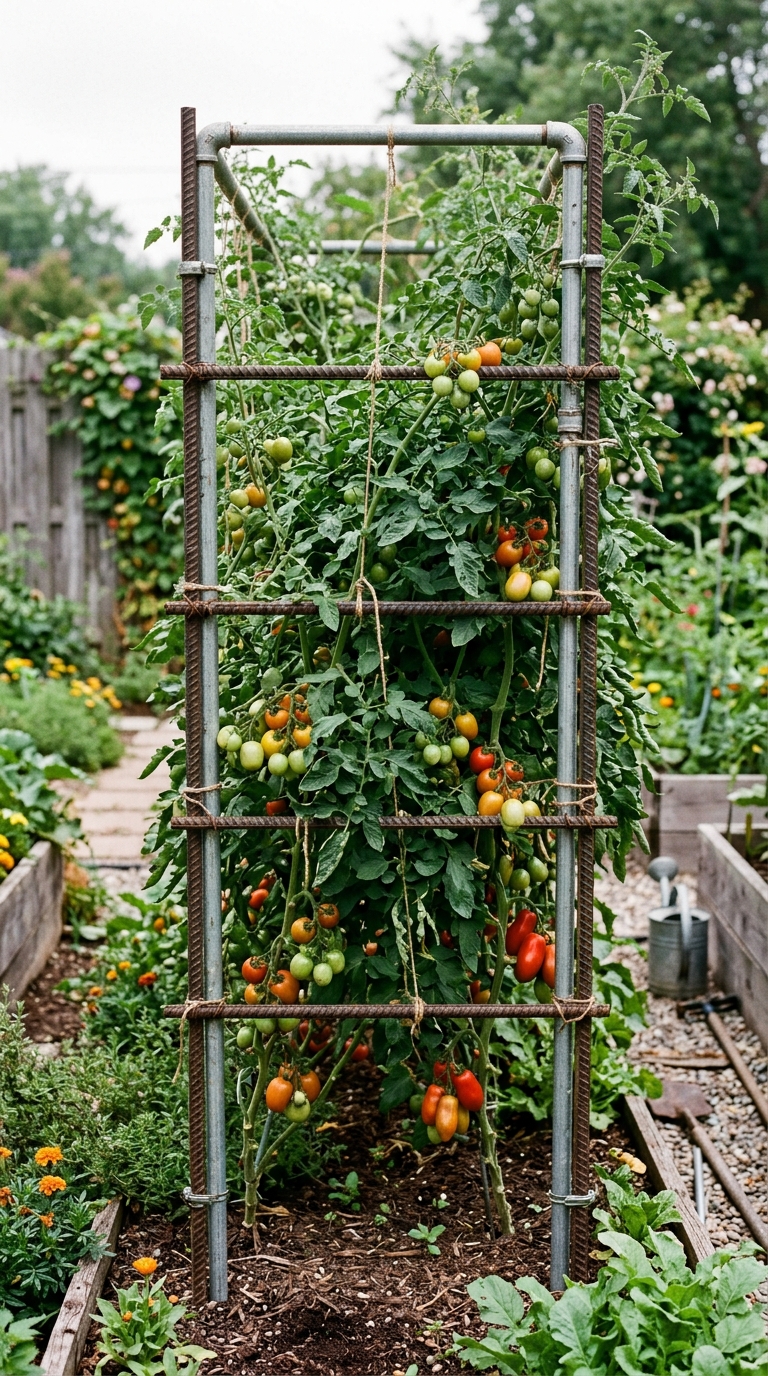 Rebar and conduit tomato trellis frame covered in climbing tomato vines