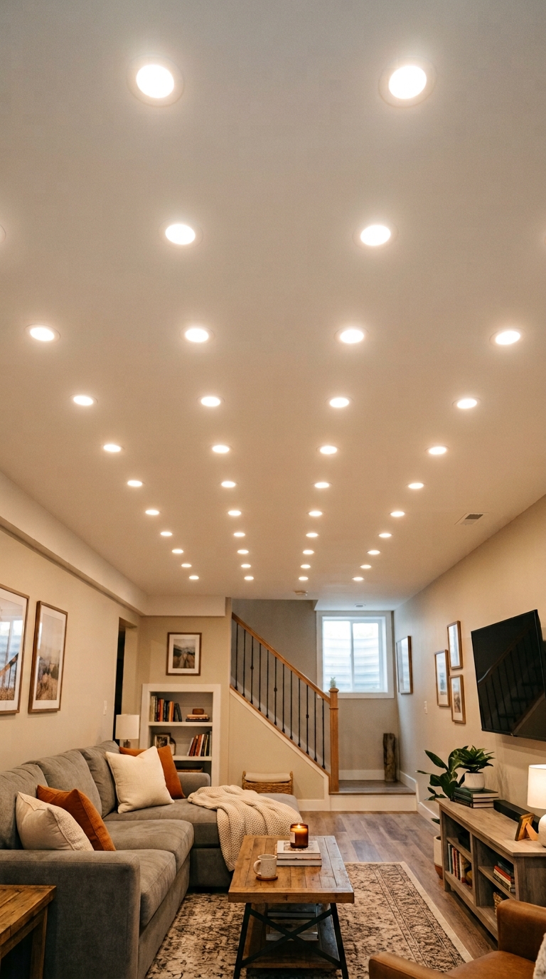 Recessed can lighting layout in a basement living room ceiling