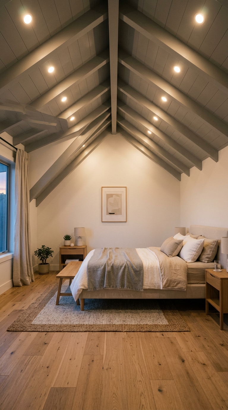 Recessed lighting along a sloped vaulted ceiling in a modern bedroom