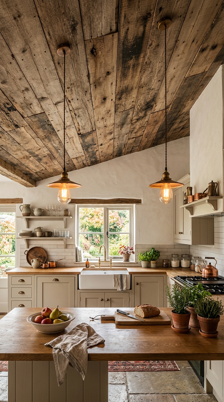 Reclaimed barn wood ceiling with natural texture in a farmhouse kitchen