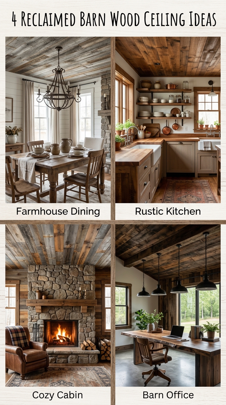 Rustic farmhouse dining room featuring a reclaimed barn wood ceiling with natural weathering and character.