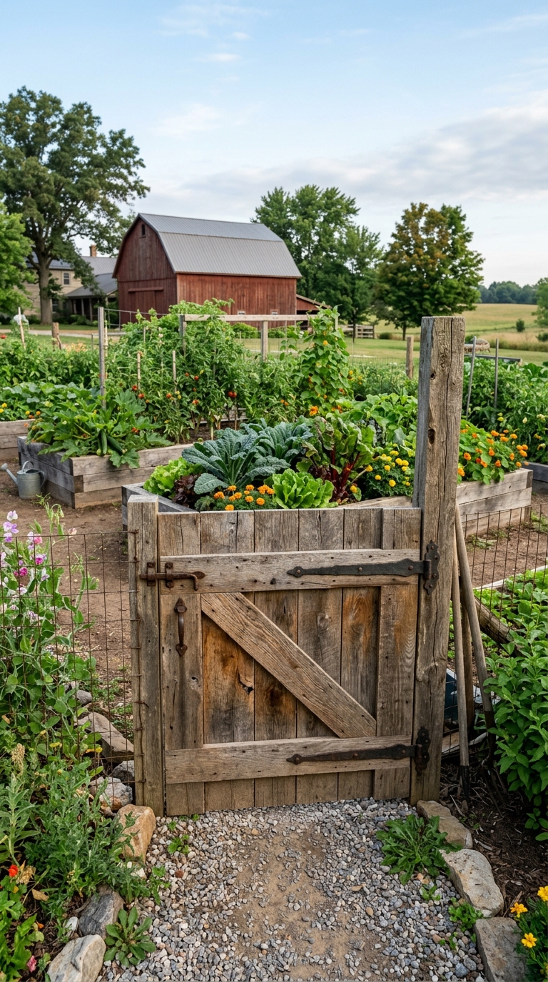 Reclaimed barnwood garden gate idea for a farmhouse vegetable garden entrance