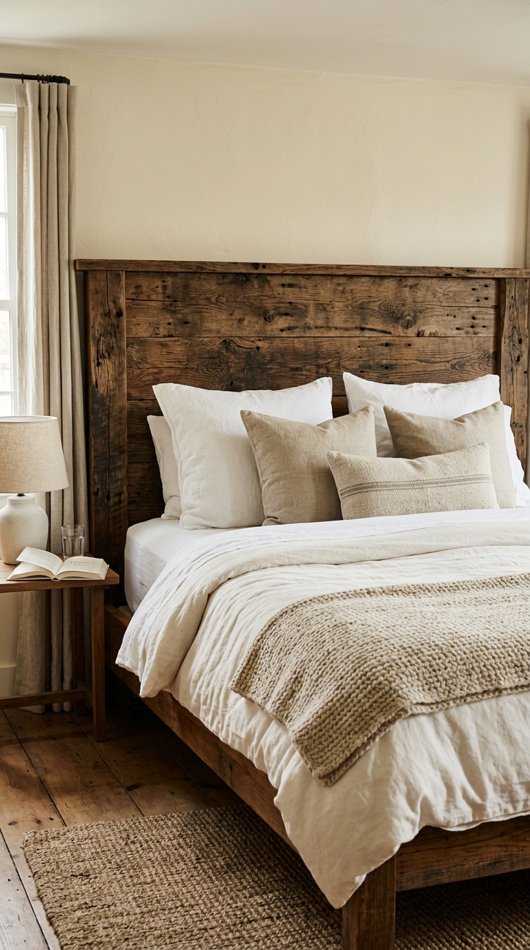 Rustic reclaimed wood headboard as a focal point in a farmhouse bedroom