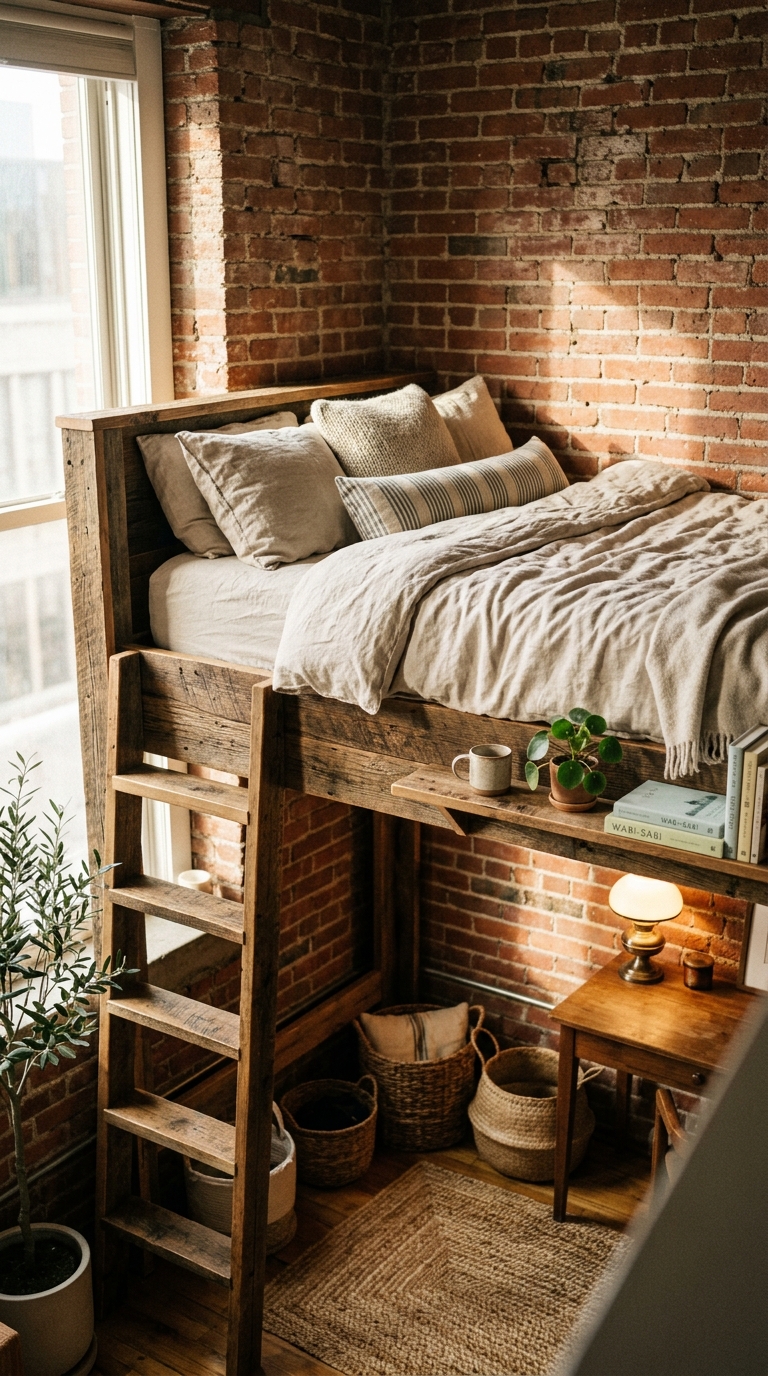 Industrial loft bedroom with reclaimed wood bed frame and linen bedding