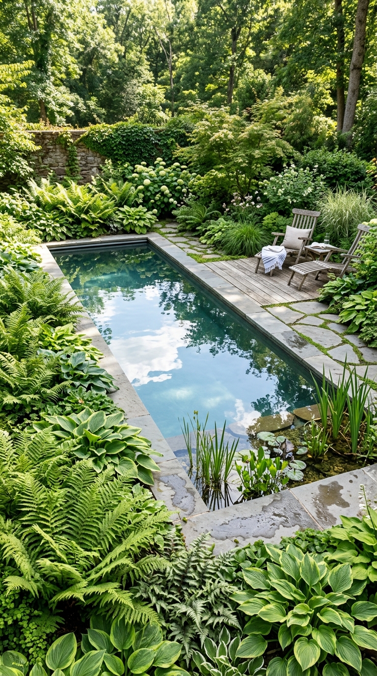 Rectangular natural swimming pool bordered by ferns and hostas