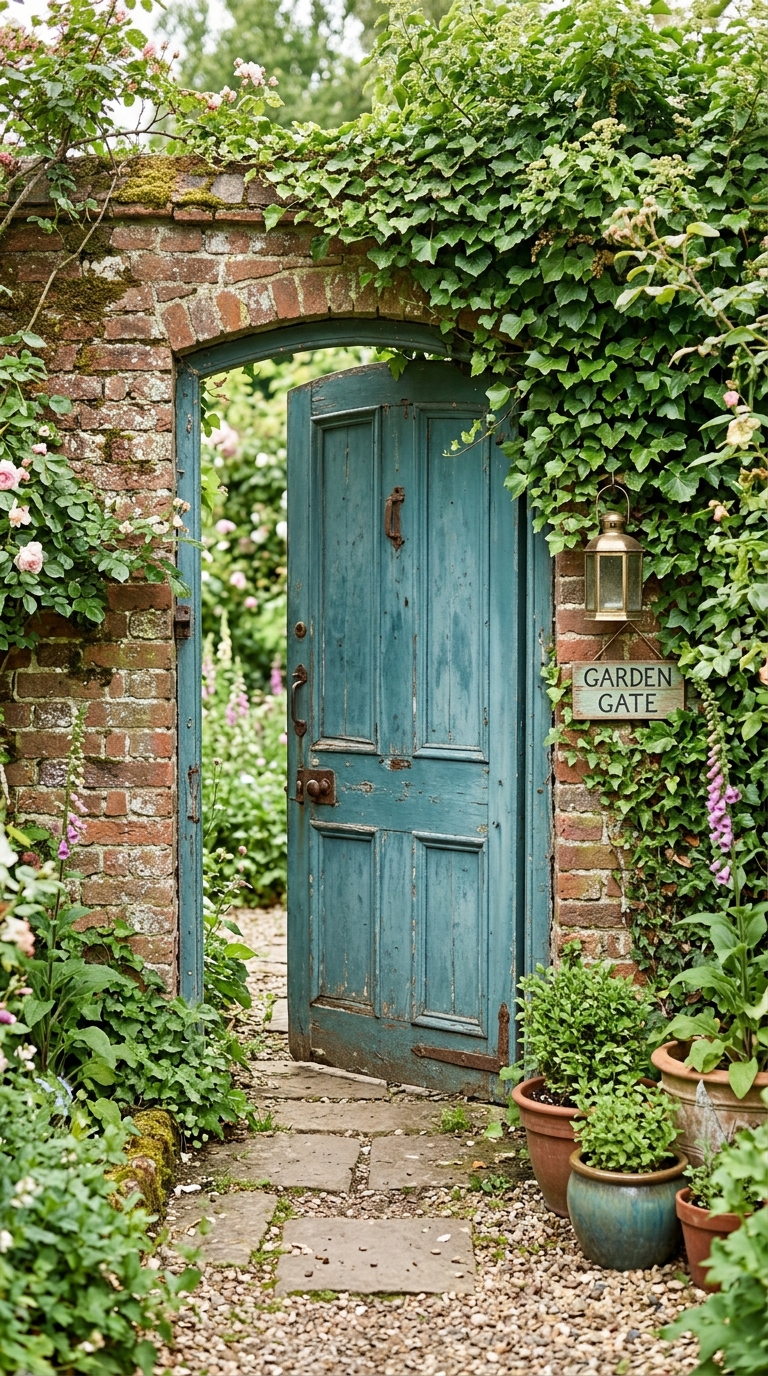 Repurposed recycled door used as a DIY garden gate