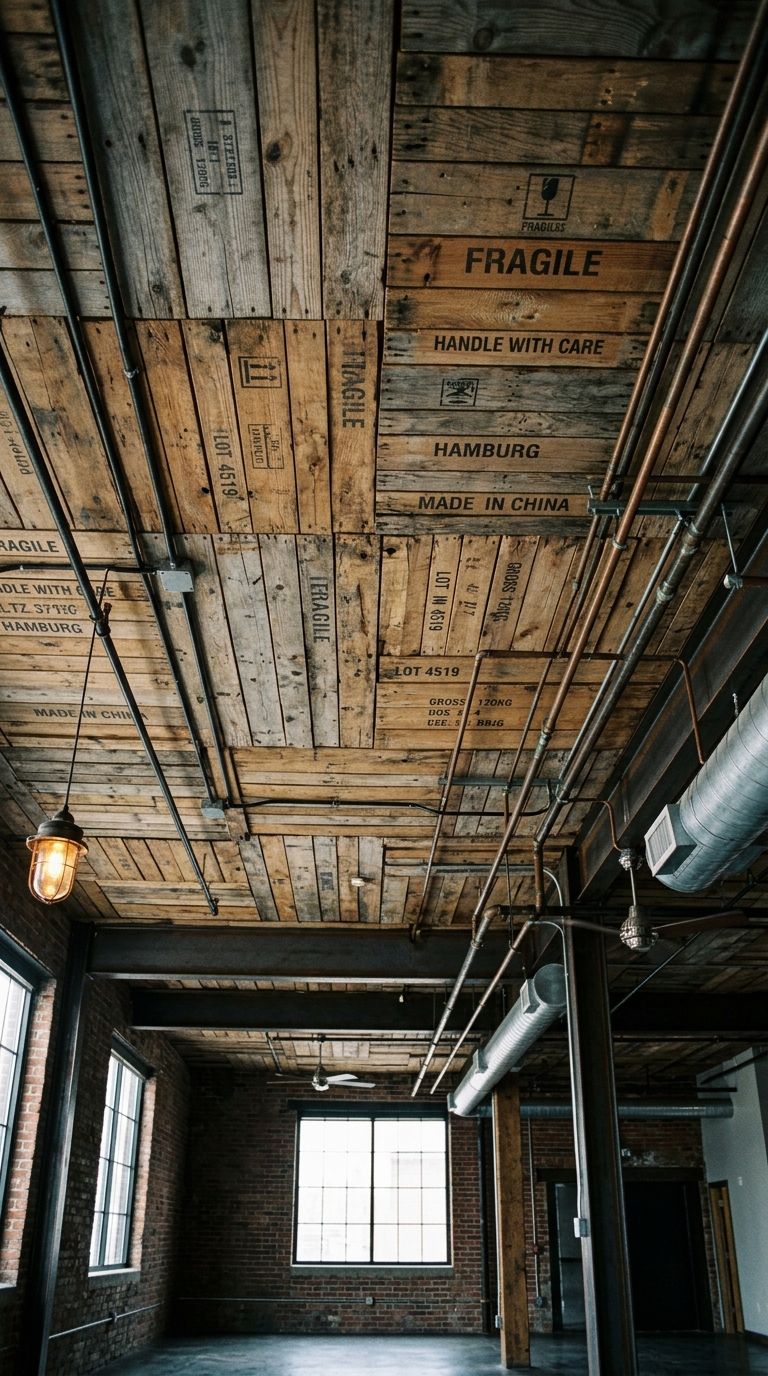 Recycled shipping crate wood ceiling in industrial loft
