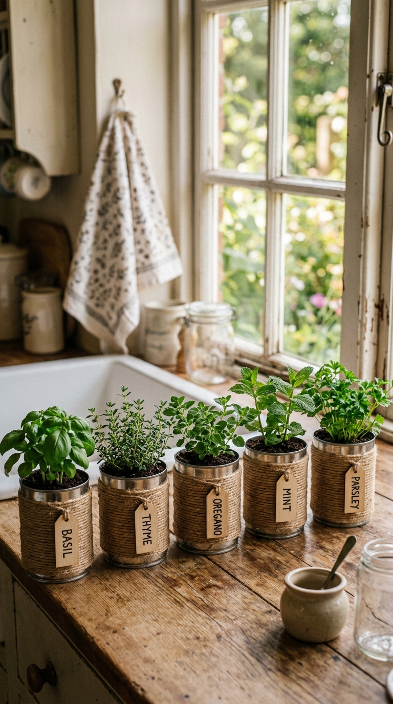 Recycled tin can planters styled with herbs in a kitchen